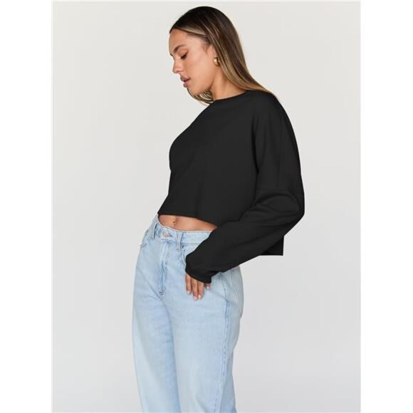 Womens Cropped Sweatshirt Long Sleeve Crewneck Oversized Fall Winter Tops 2025 - Picture 3 of 6